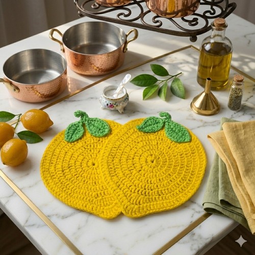 Handmade crochet lemon coaster - handmade,